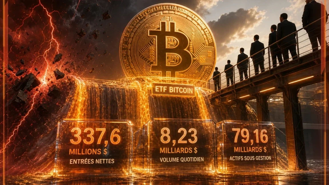 ETF Bitcoin avec palette bleu cyan neon et vert crypto, style réaliste et cinématique