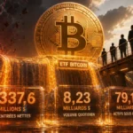 ETF Bitcoin avec palette bleu cyan neon et vert crypto, style réaliste et cinématique