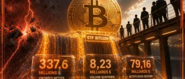 ETF Bitcoin avec palette bleu cyan neon et vert crypto, style réaliste et cinématique