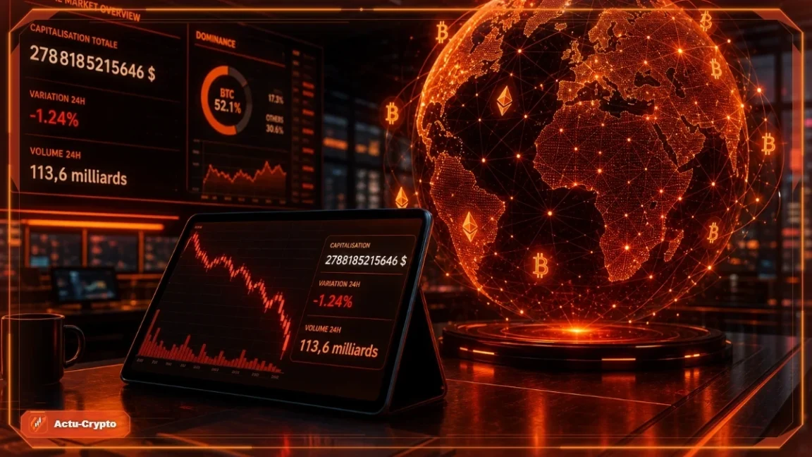 Globe crypto holographique devant un graphique de marché orange illustrant la baisse de la capitalisation et la dominance Bitcoin