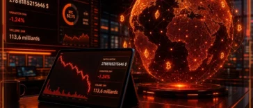 Globe crypto holographique devant un graphique de marché orange illustrant la baisse de la capitalisation et la dominance Bitcoin
